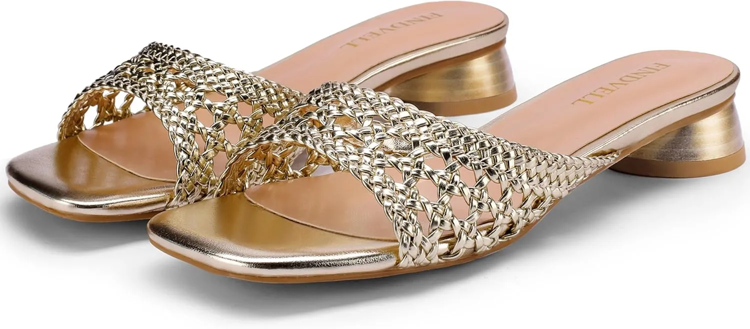 Women's Low Heels Sandals Braided Mule Chunky Block Heeled Slides Square Open toe Slip On Mules Fashion Heels