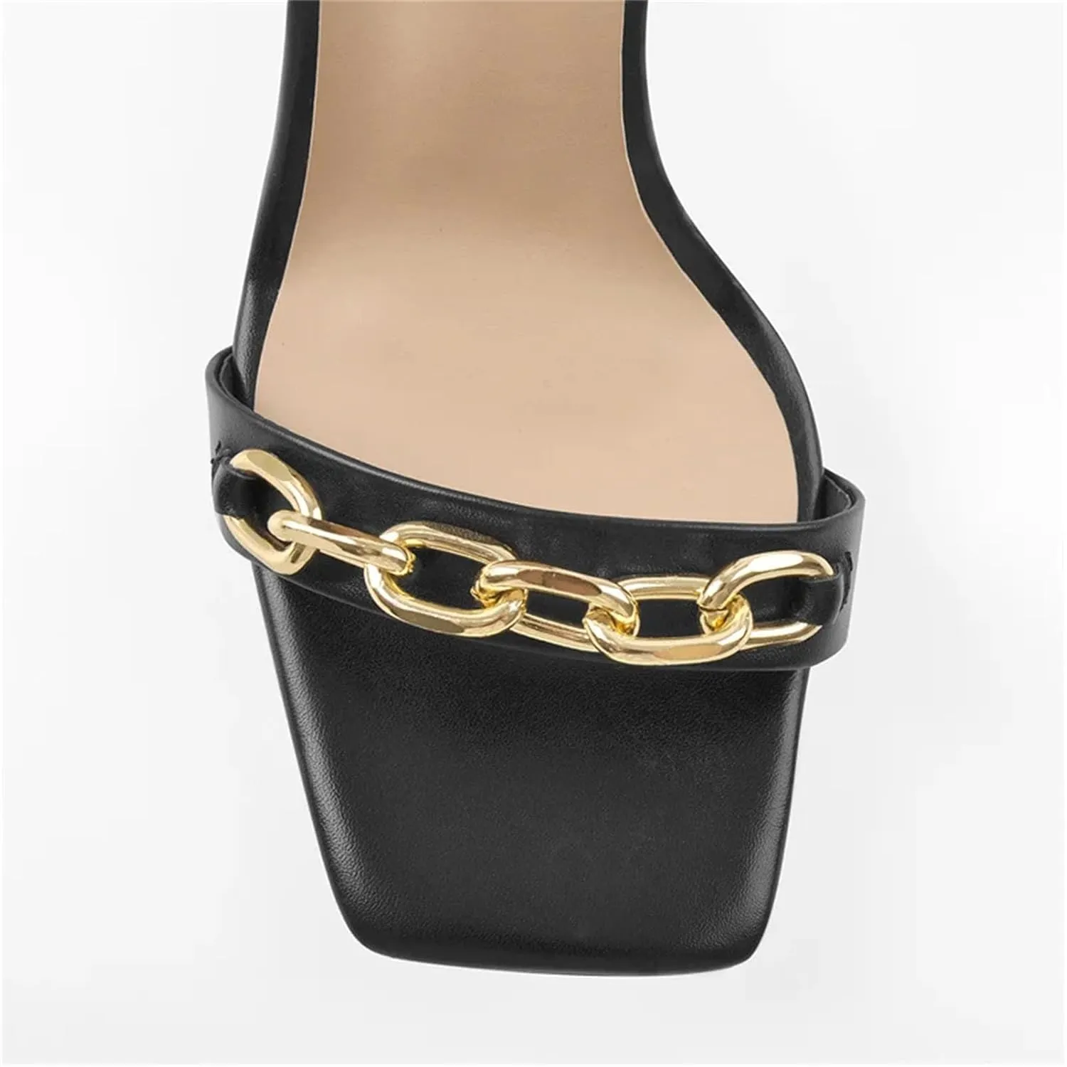 Women's Matte Black Sandals - Cross-Tied Chain Buckle Stilettos