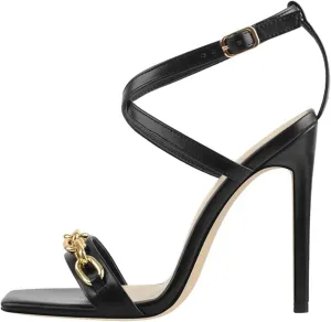 Women's Matte Black Sandals - Cross-Tied Chain Buckle Stilettos