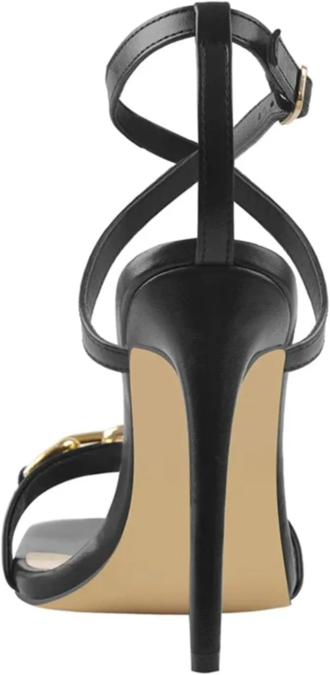 Women's Matte Black Sandals - Cross-Tied Chain Buckle Stilettos