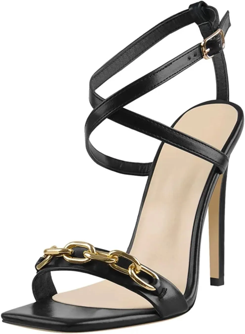 Women's Matte Black Sandals - Cross-Tied Chain Buckle Stilettos