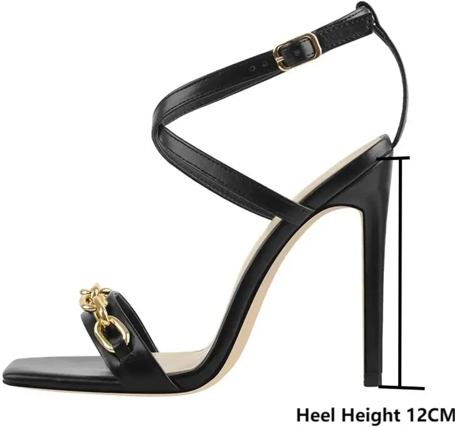 Women's Matte Black Sandals - Cross-Tied Chain Buckle Stilettos