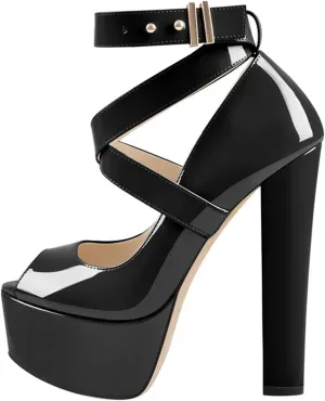 Women's Patent Cross-Strap Sandals - Peep Toe Chunky Buckle Platforms