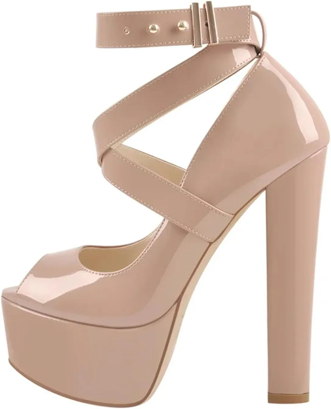 Women's Patent Cross-Strap Sandals - Peep Toe Chunky Buckle Platforms