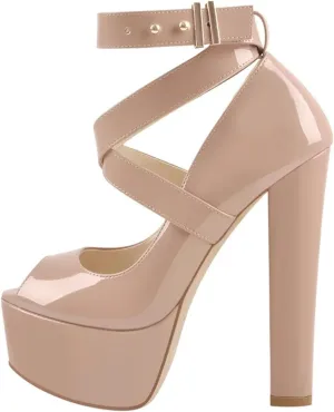Women's Patent Cross-Strap Sandals - Peep Toe Chunky Buckle Platforms