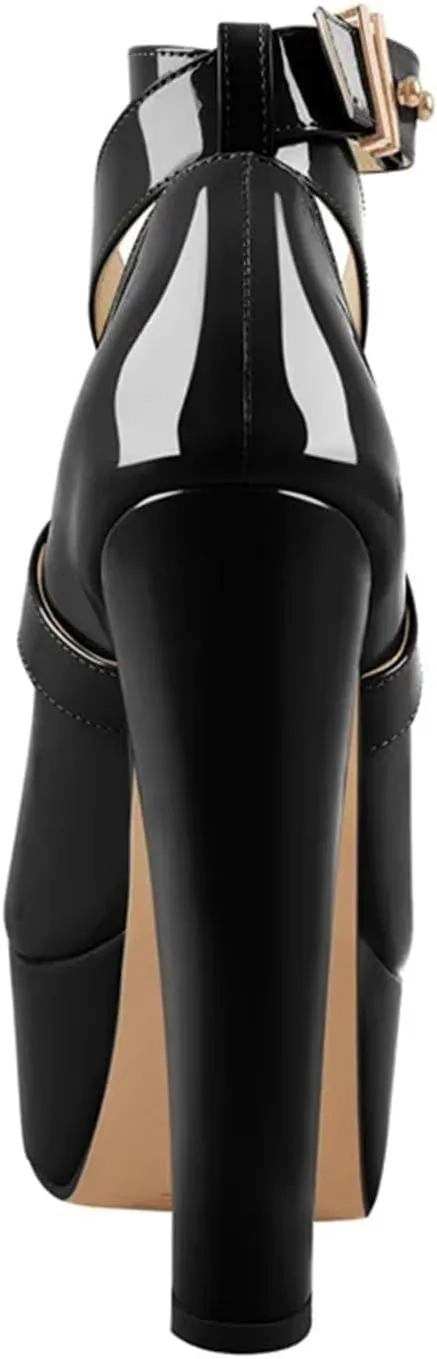 Women's Patent Cross-Strap Sandals - Peep Toe Chunky Buckle Platforms