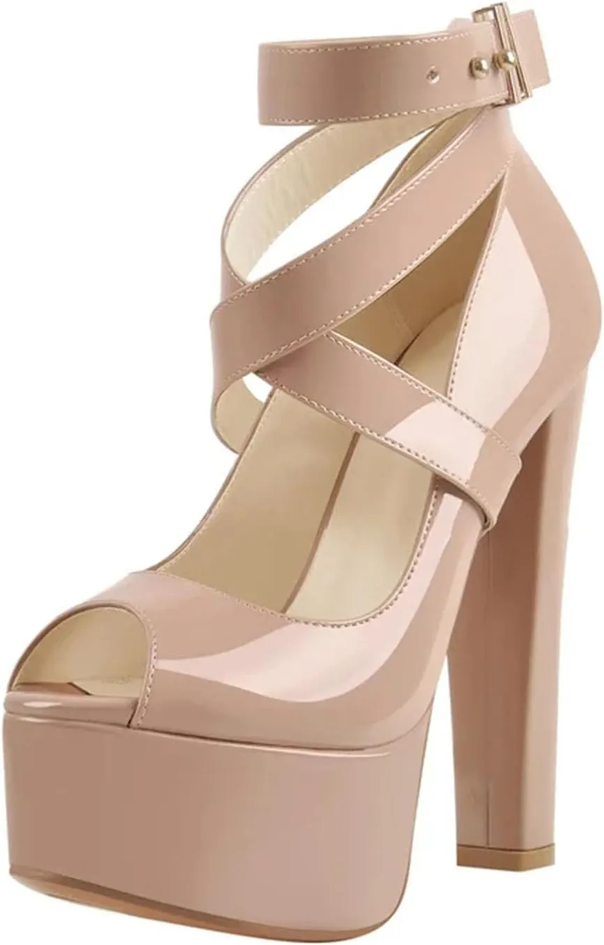 Women's Patent Cross-Strap Sandals - Peep Toe Chunky Buckle Platforms