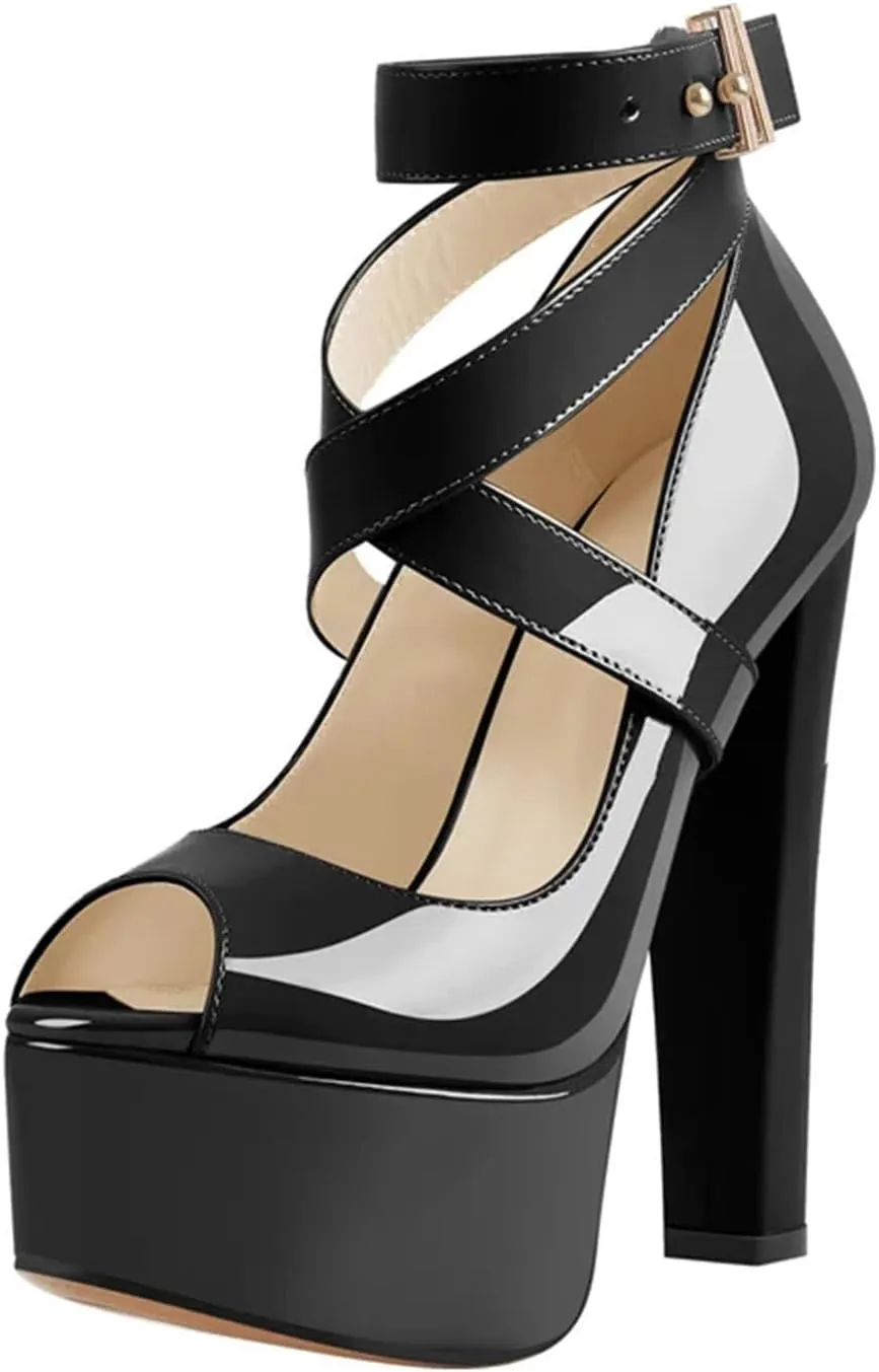 Women's Patent Cross-Strap Sandals - Peep Toe Chunky Buckle Platforms