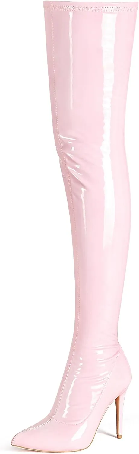 Women's Patent Leather PU Thigh High Boots Pointy Toe Side Zippe Fashion Comfy Sexy Stiletto High Heel Over The Knee Boots