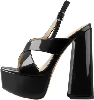Women's Patent Leather Round Peep Toe Platforms - Cross-Tied Ankle Strap Thick Heels
