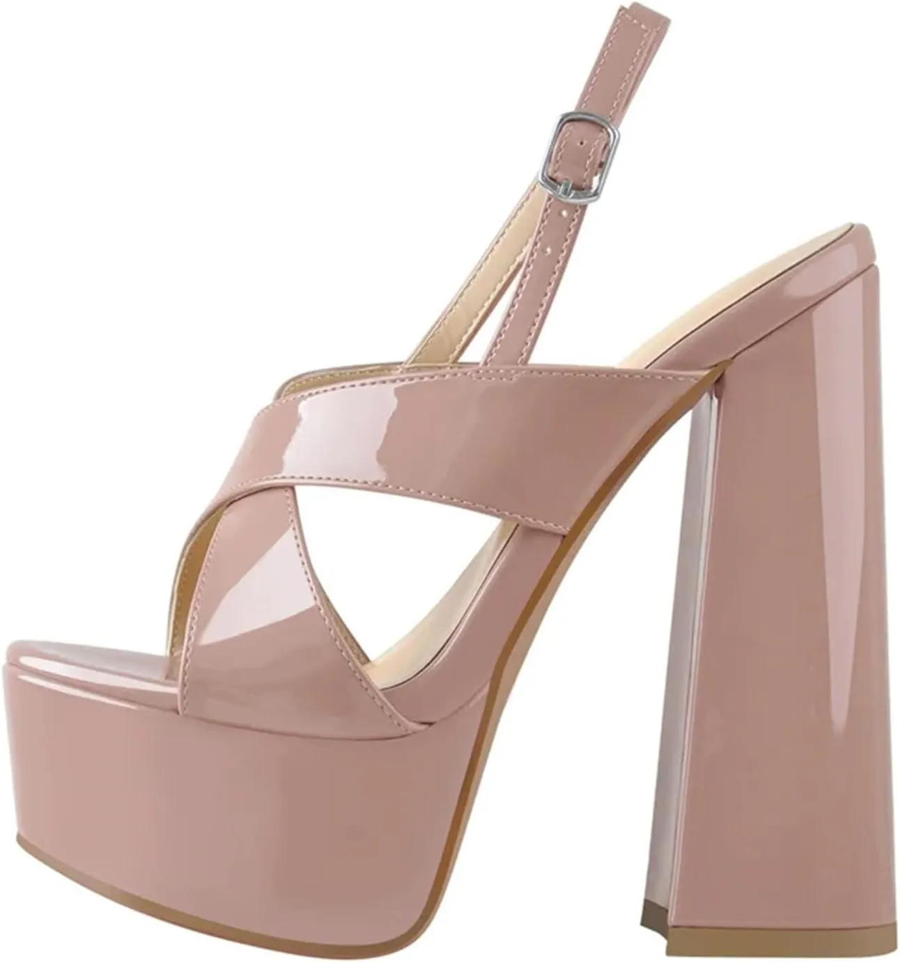 Women's Patent Leather Round Peep Toe Platforms - Cross-Tied Ankle Strap Thick Heels
