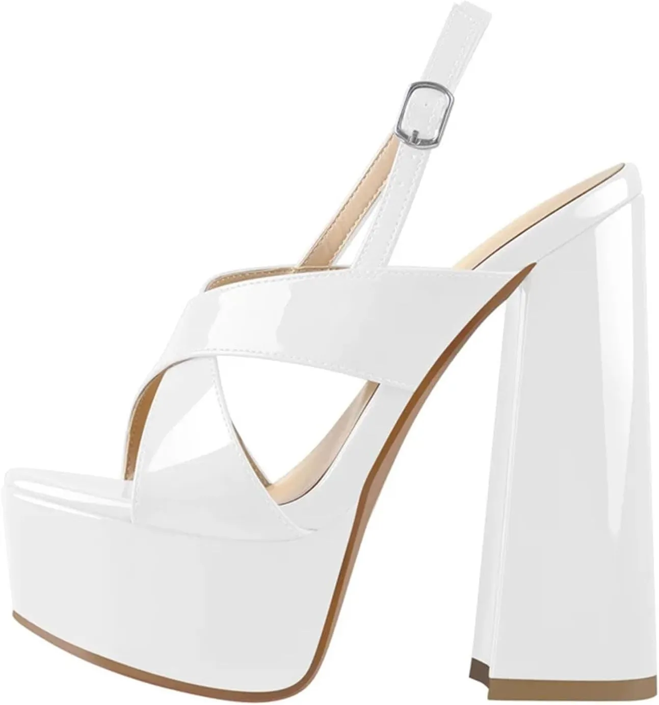 Women's Patent Leather Round Peep Toe Platforms - Cross-Tied Ankle Strap Thick Heels