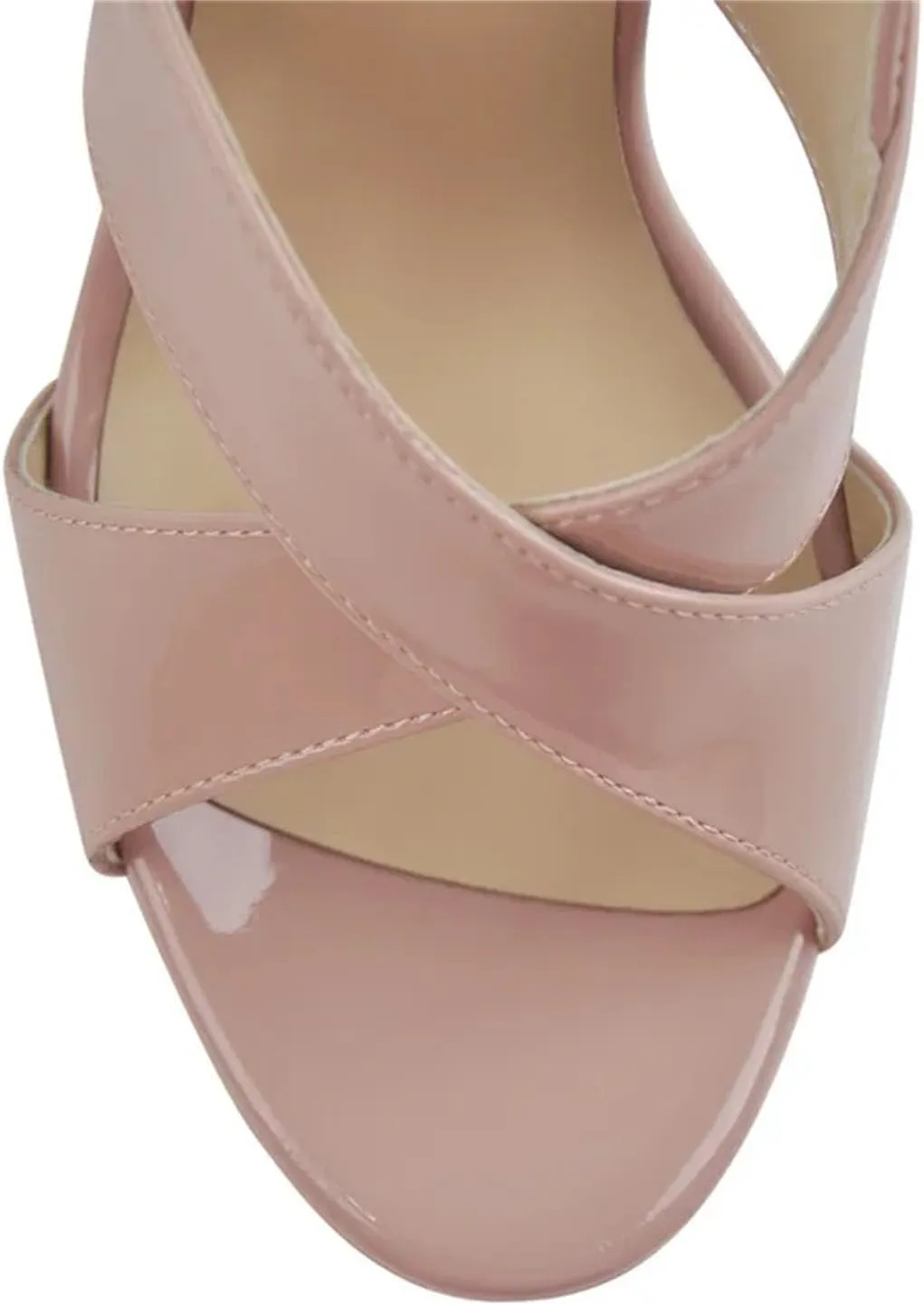 Women's Patent Leather Round Peep Toe Platforms - Cross-Tied Ankle Strap Thick Heels