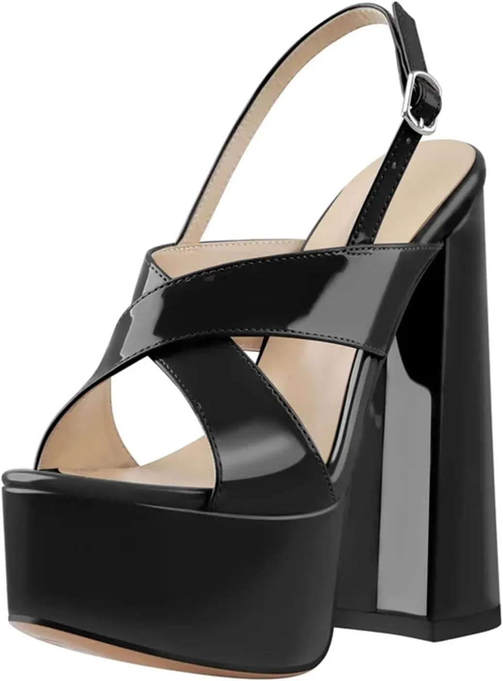 Women's Patent Leather Round Peep Toe Platforms - Cross-Tied Ankle Strap Thick Heels