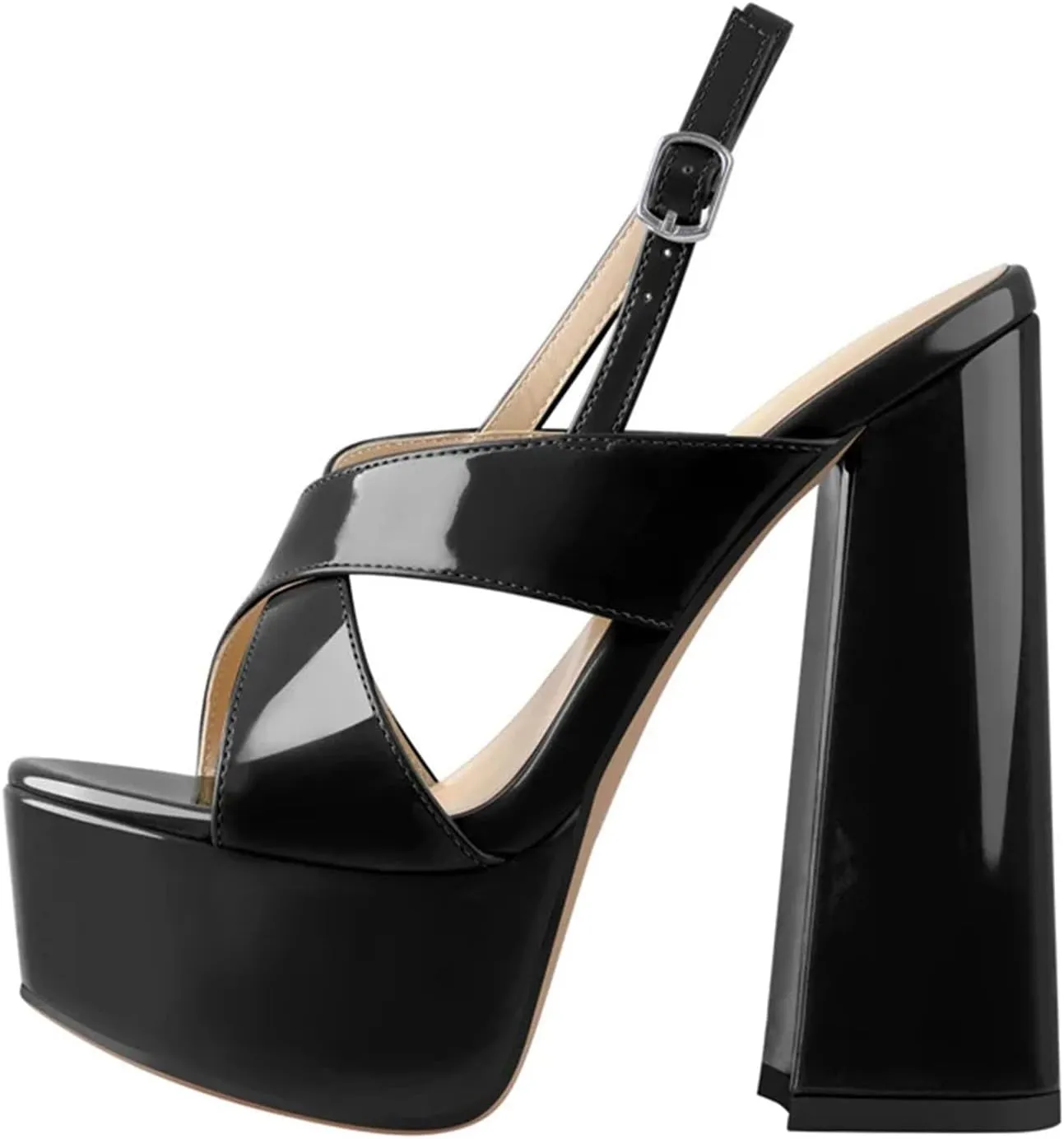 Women's Patent Leather Round Peep Toe Platforms - Cross-Tied Ankle Strap Thick Heels