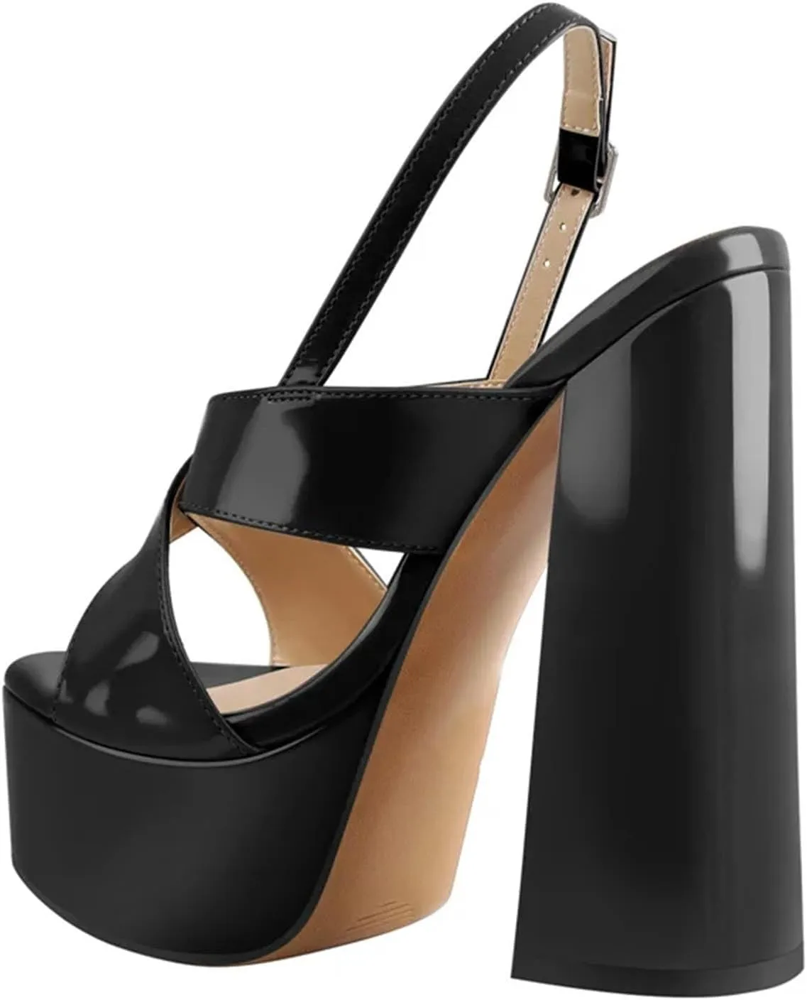 Women's Patent Leather Round Peep Toe Platforms - Cross-Tied Ankle Strap Thick Heels