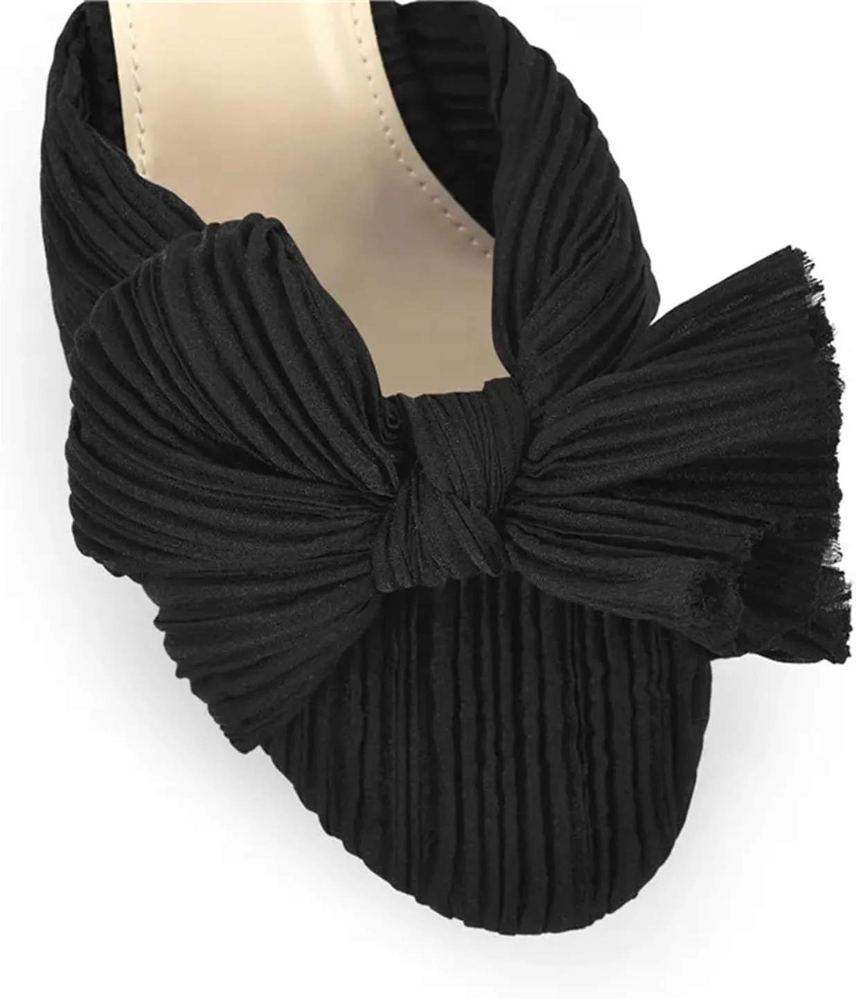 Women's Peep Toe Black Pleated Bowknot Sandals - Mid Chunky Heel 6cm Summer
