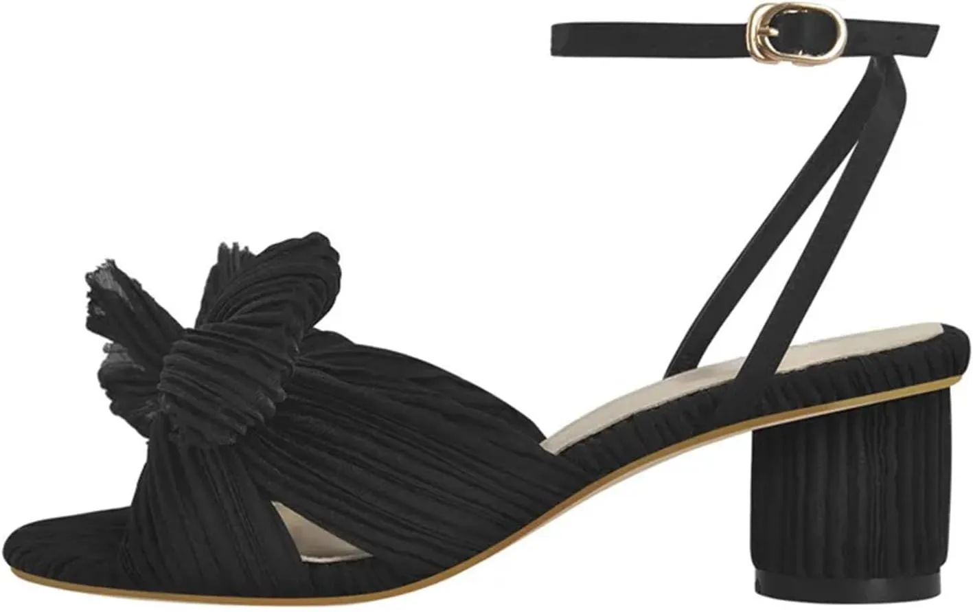 Women's Peep Toe Black Pleated Bowknot Sandals - Mid Chunky Heel 6cm Summer
