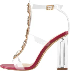 Women's Peep Toe Gladiator Sandals - Clear Chunky Heels with Rhinestones