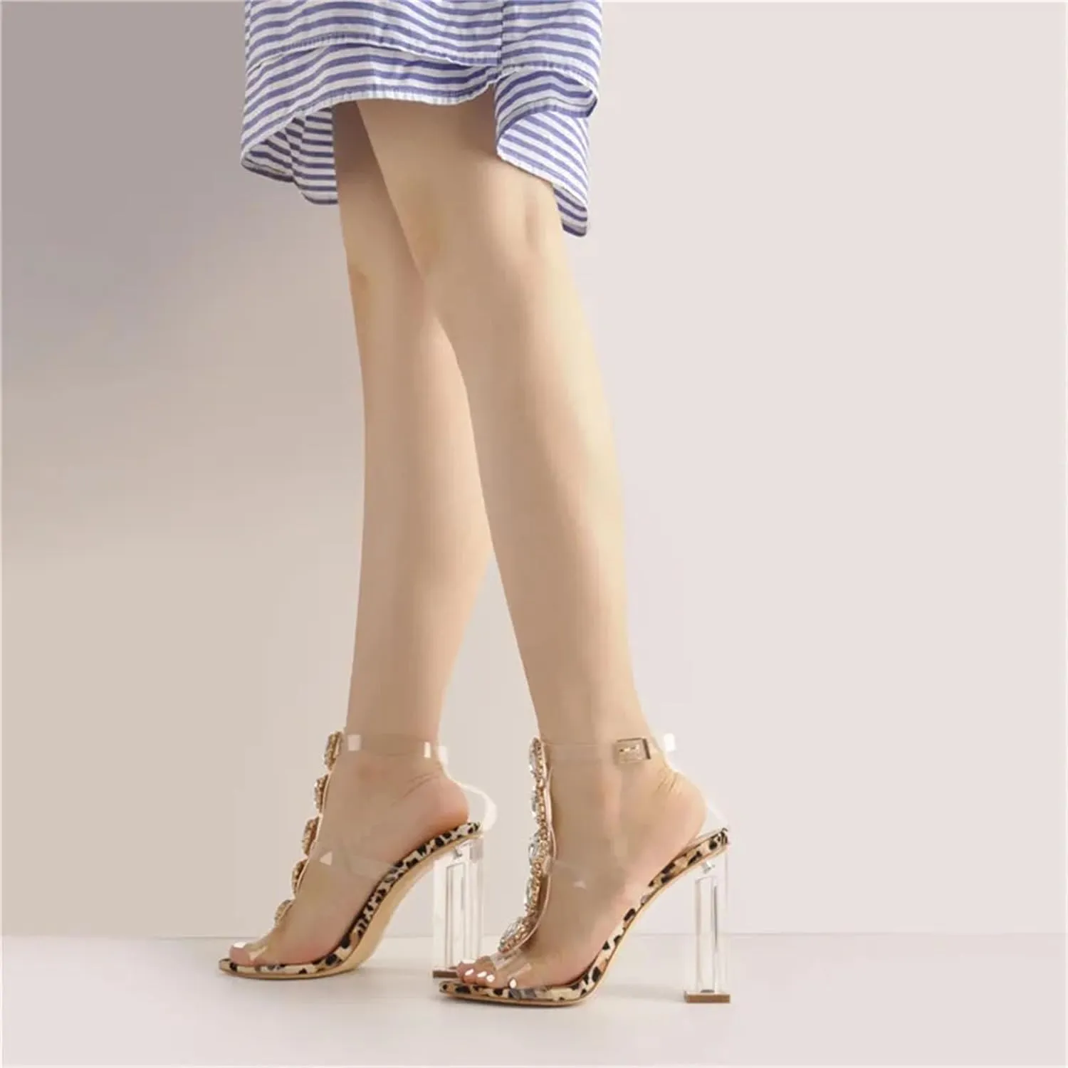 Women's Peep Toe Gladiator Sandals - Clear Chunky Heels with Rhinestones