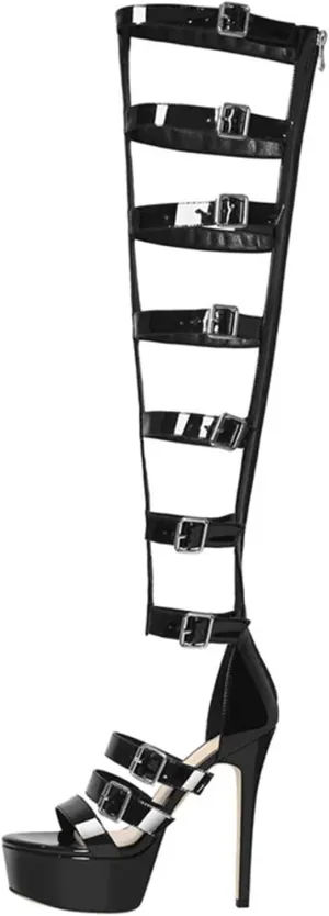 Women's Peep Toe Platform Boot Sandals - Over The Knee Metal Buckles Summer