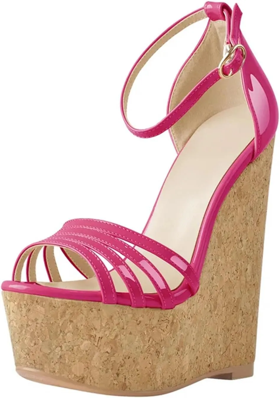 Women's Peep Toe Wedges Platform Sandals - Ankle Buckle Narrow Patent Leather
