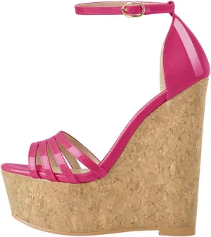 Women's Peep Toe Wedges Platform Sandals - Ankle Buckle Narrow Patent Leather