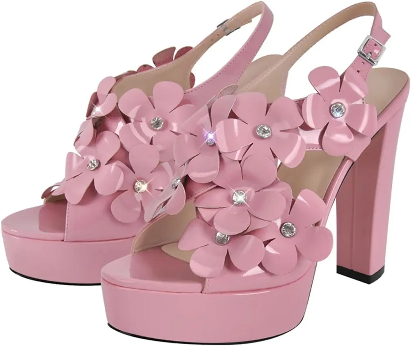 Women's Pink Punk Sandals - Patent Leather Chunky Ankle Buckle