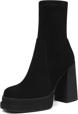 Women's Platform Ankle Boots Chunky High Heel Square Toe Stretch Short Gogo Combat Boots Booties for Women (not for wide calf)