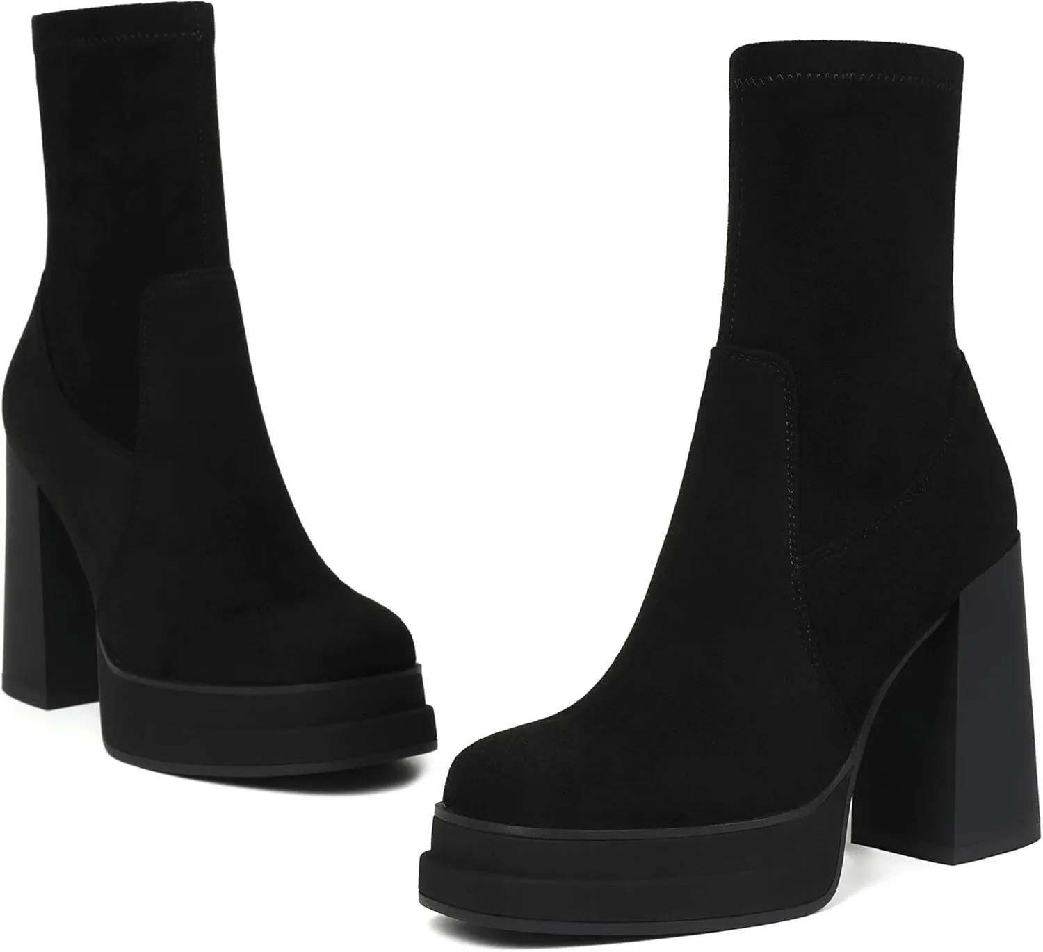 Women's Platform Ankle Boots Chunky High Heel Square Toe Stretch Short Gogo Combat Boots Booties for Women (not for wide calf)