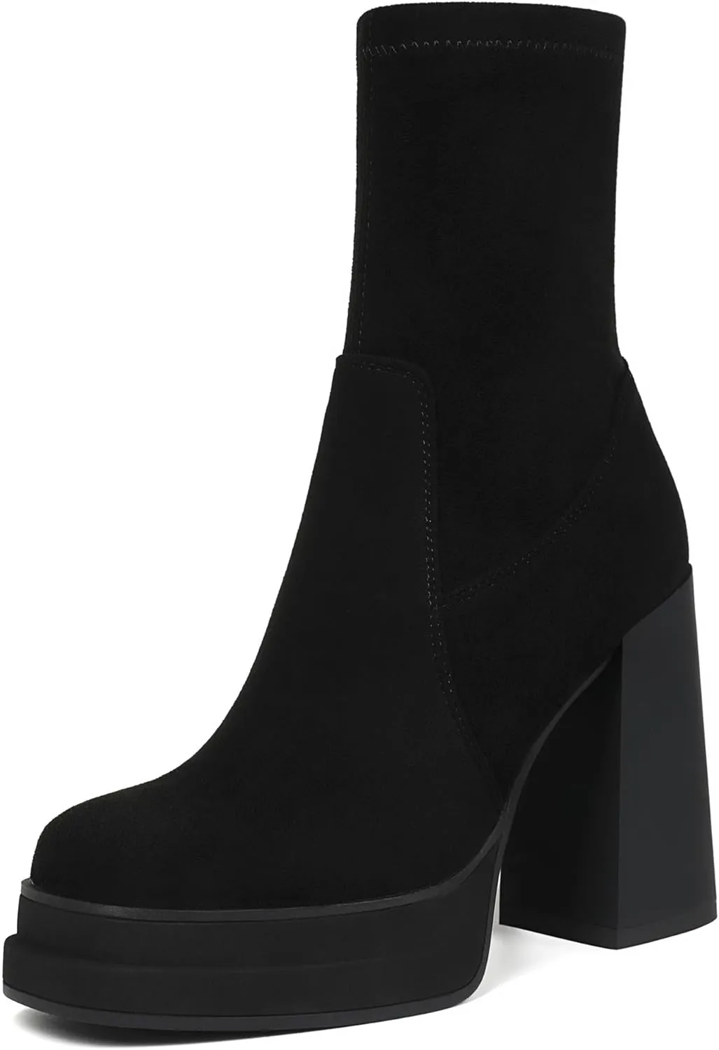 Women's Platform Ankle Boots Chunky High Heel Square Toe Stretch Short Gogo Combat Boots Booties for Women (not for wide calf)