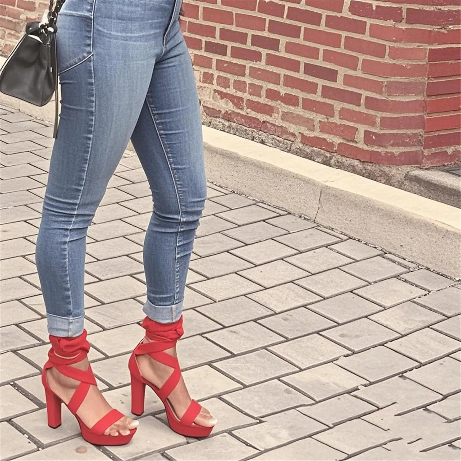 Women's Platform Chunky Heel Sandals - Red & Black Peep Toe Single Band