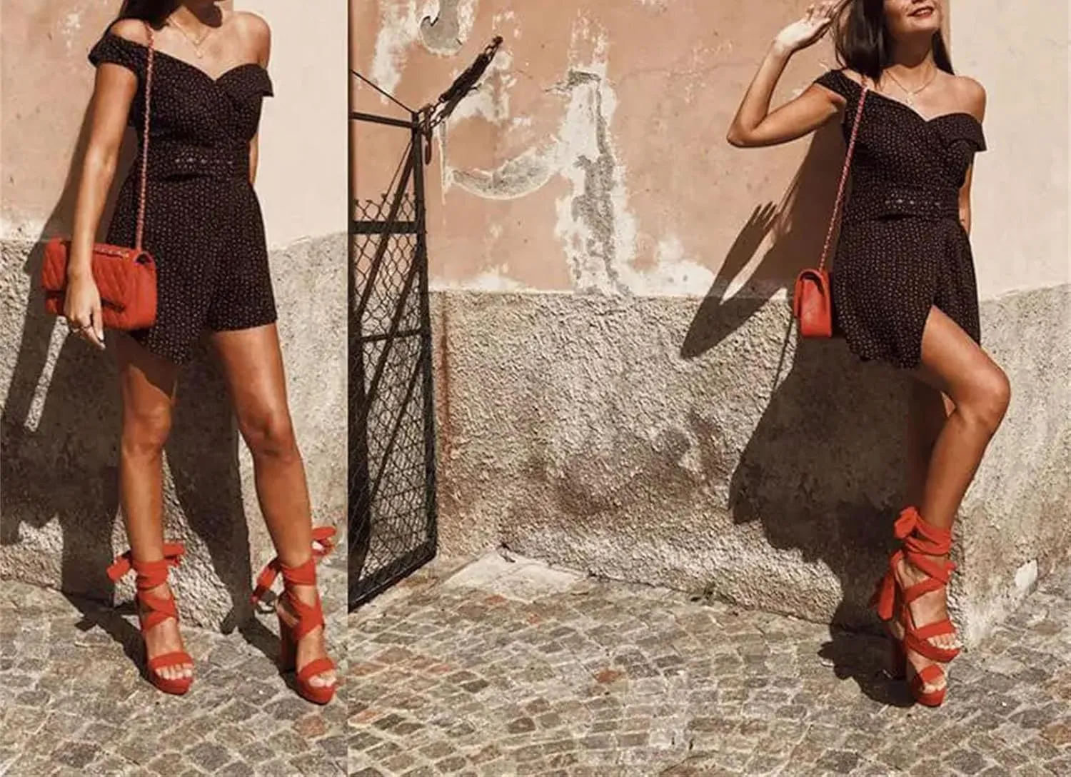 Women's Platform Chunky Heel Sandals - Red & Black Peep Toe Single Band
