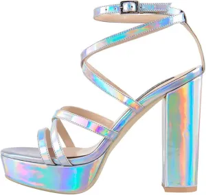 Women's Platform Peep Toe Heeled Sandals - Crisscross Ankle Strap Square Heel Dress