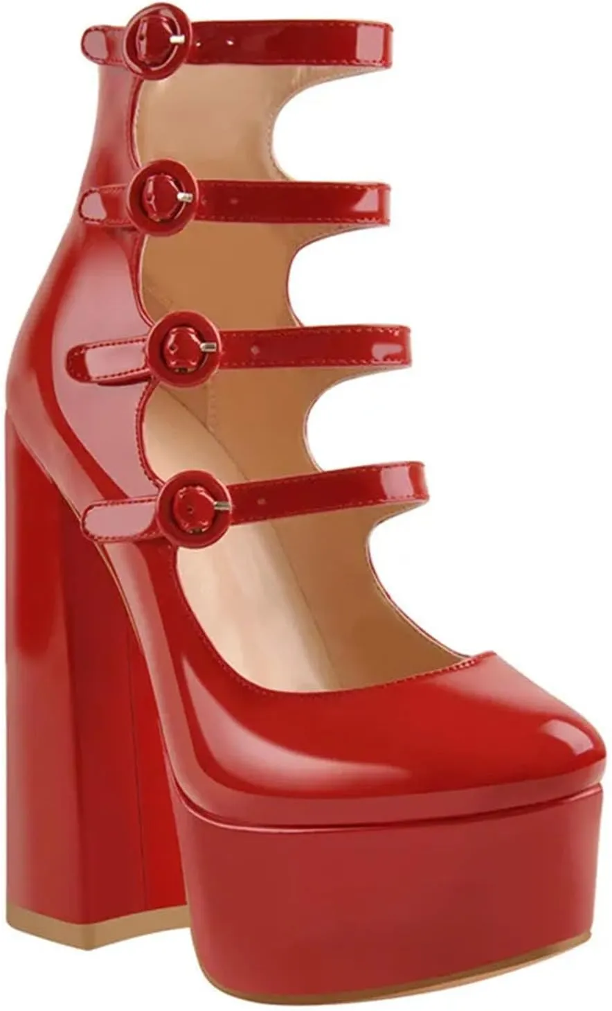 Women's Platform Round Toe Sandals - Chunky Square Heels Red & Nude Ankle Wrap
