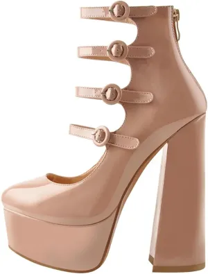 Women's Platform Round Toe Sandals - Chunky Square Heels Red & Nude Ankle Wrap