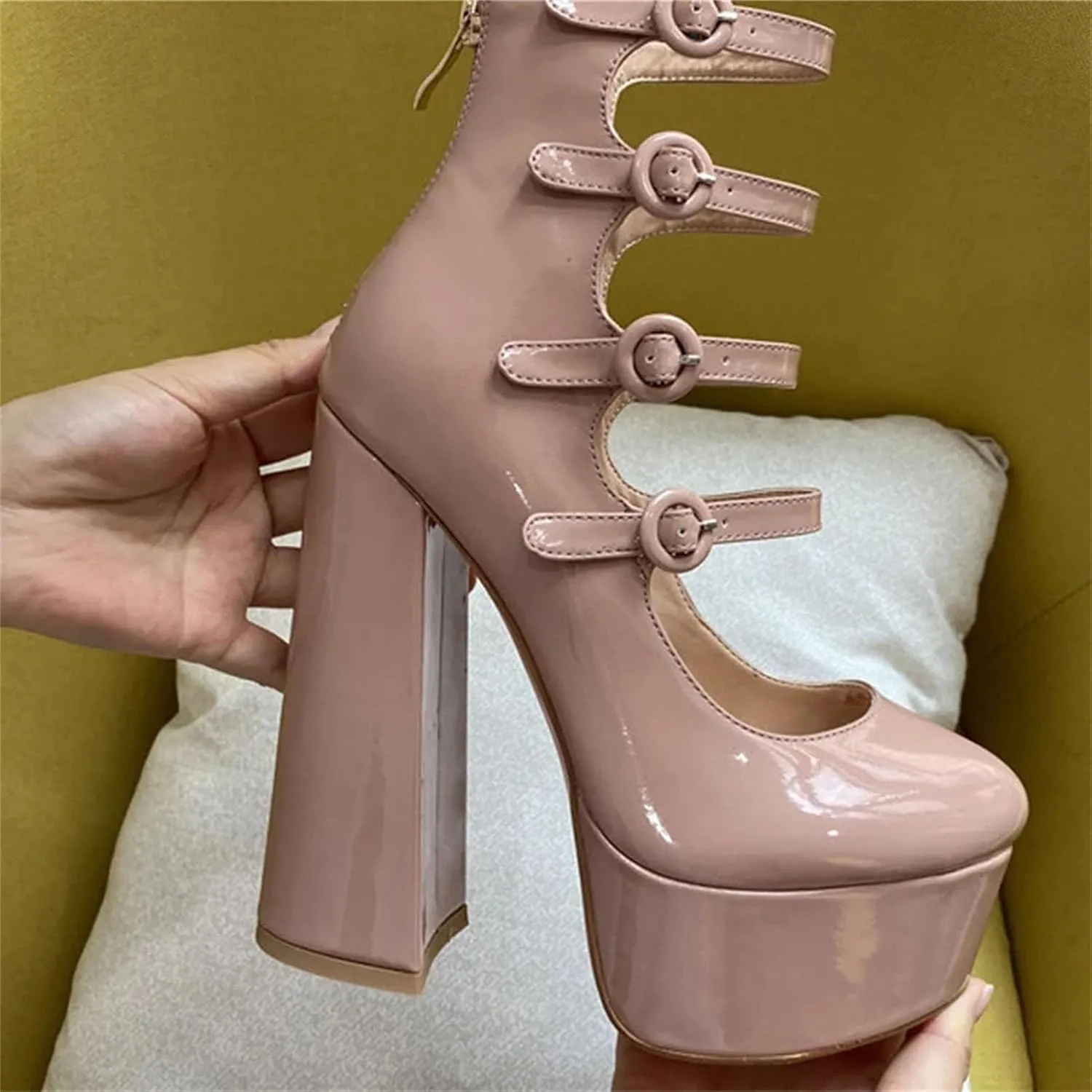 Women's Platform Round Toe Sandals - Chunky Square Heels Red & Nude Ankle Wrap