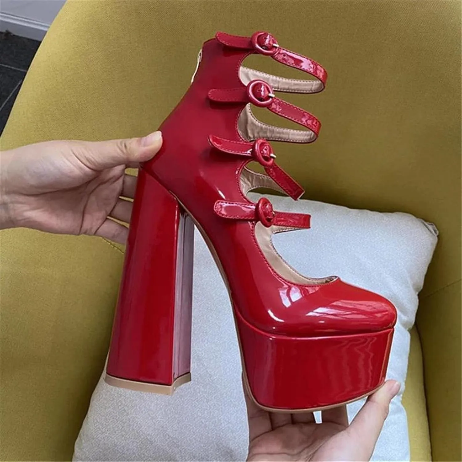 Women's Platform Round Toe Sandals - Chunky Square Heels Red & Nude Ankle Wrap