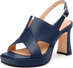 Womens Platform Sandals, Square Peep Toe Chunky Heel Ankle Strap Sandals for Women, Leather Insole Heeled Sandals with Buckle 3.3"