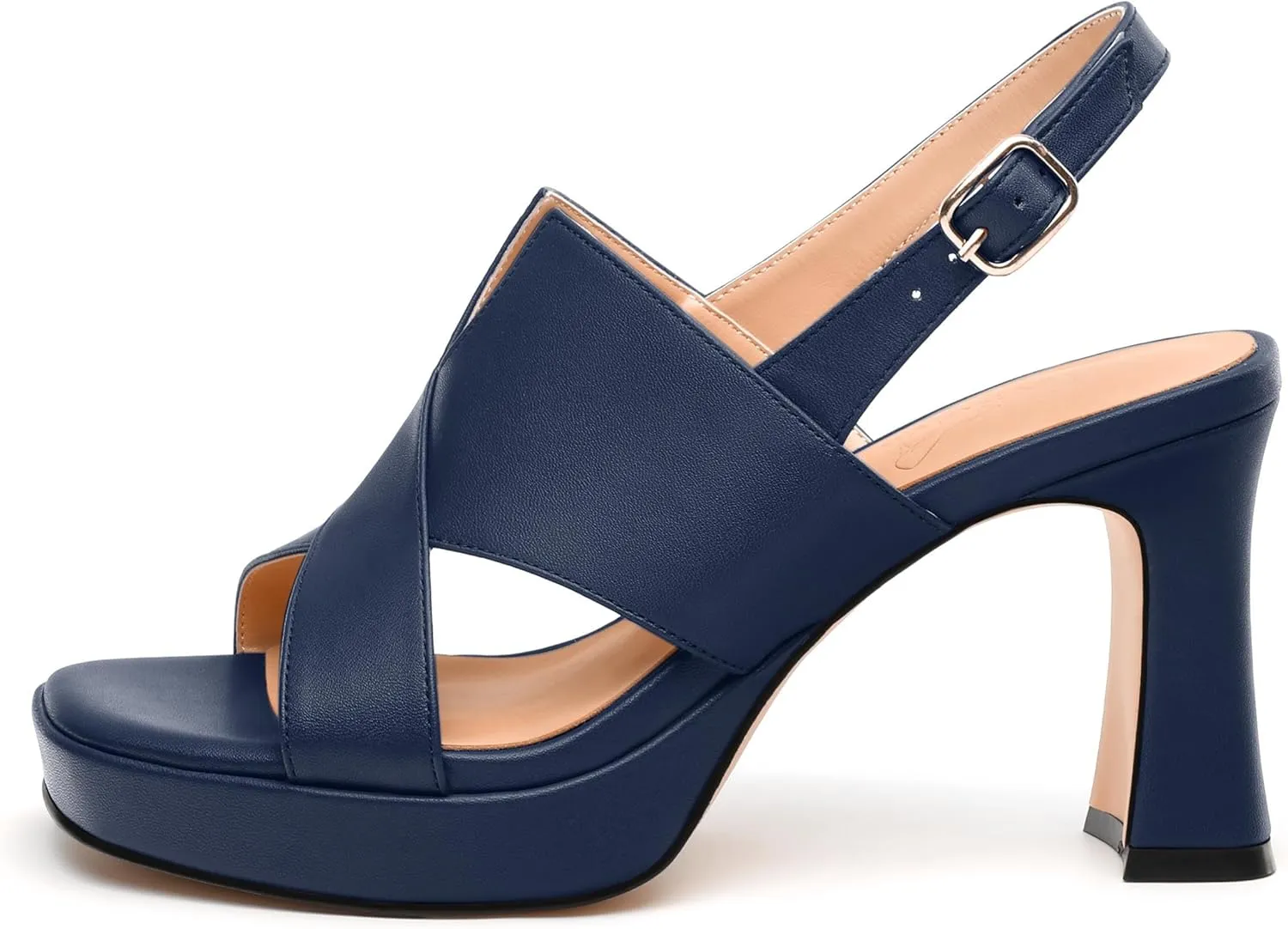 Womens Platform Sandals, Square Peep Toe Chunky Heel Ankle Strap Sandals for Women, Leather Insole Heeled Sandals with Buckle 3.3"
