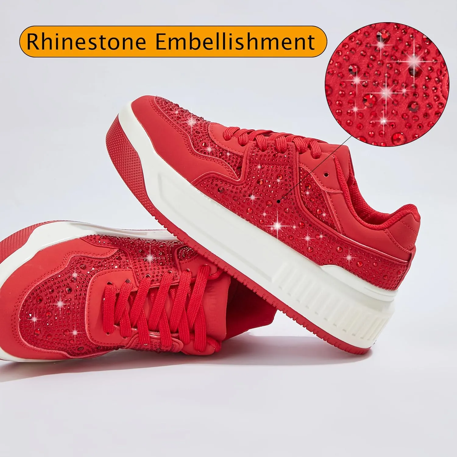 Women's Platform Sneakers Sparkle Rhinestone Chunky Shoes Leather Low Top Lace Up Walking Shoes