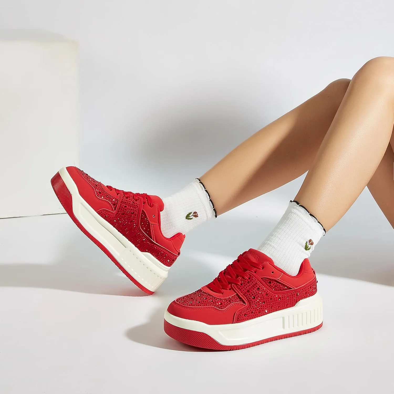 Women's Platform Sneakers Sparkle Rhinestone Chunky Shoes Leather Low Top Lace Up Walking Shoes