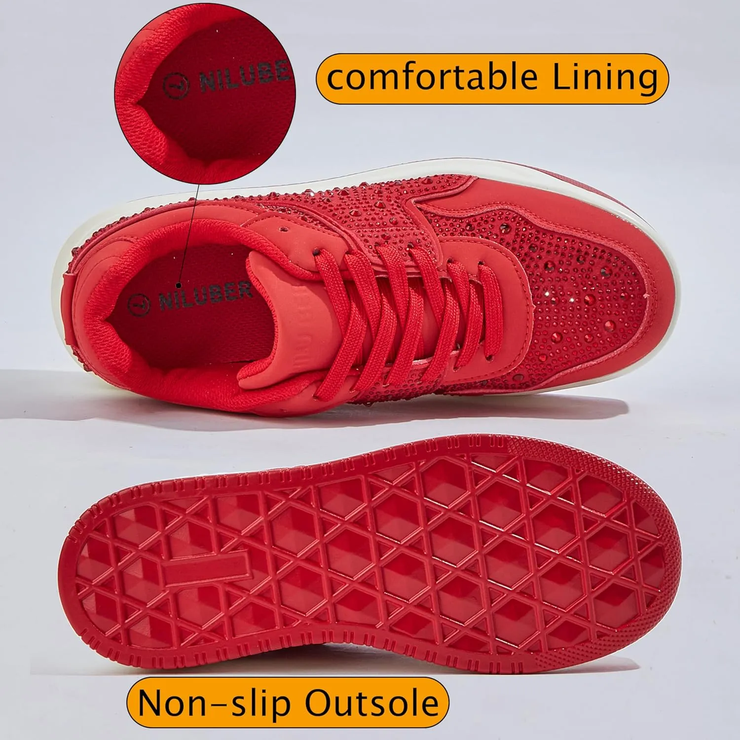 Women's Platform Sneakers Sparkle Rhinestone Chunky Shoes Leather Low Top Lace Up Walking Shoes