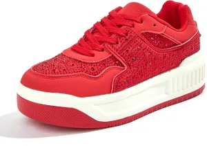 Women's Platform Sneakers Sparkle Rhinestone Chunky Shoes Leather Low Top Lace Up Walking Shoes
