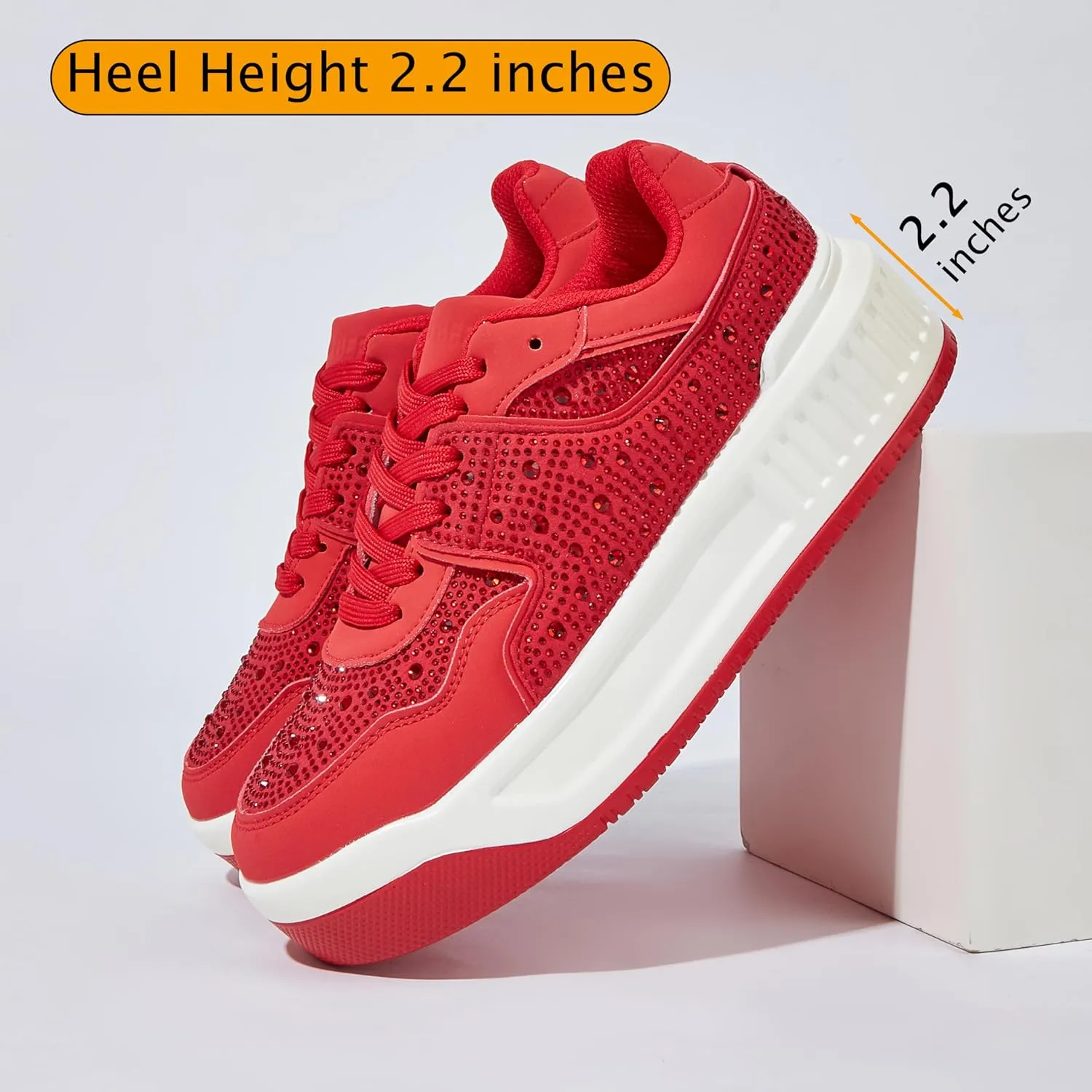 Women's Platform Sneakers Sparkle Rhinestone Chunky Shoes Leather Low Top Lace Up Walking Shoes