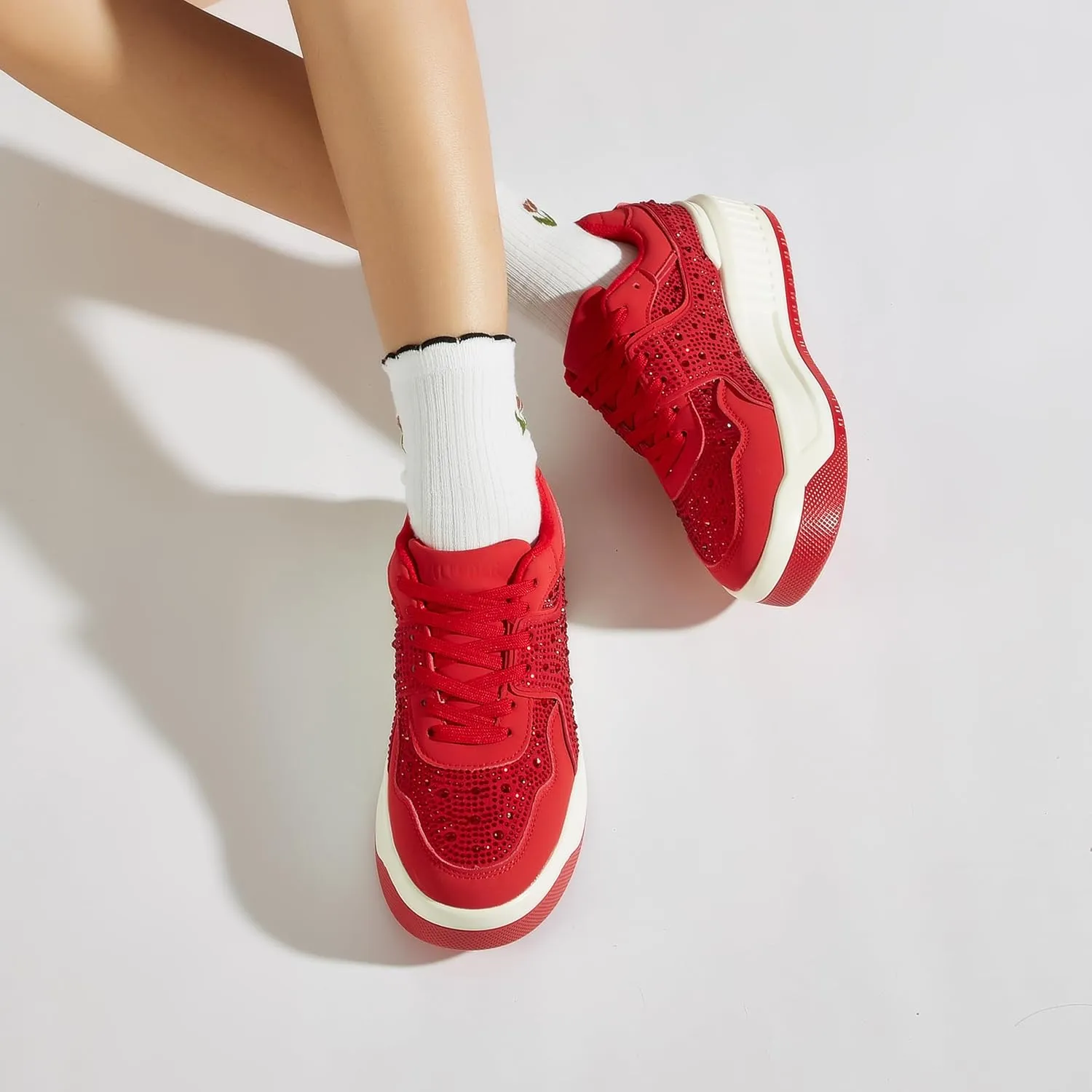 Women's Platform Sneakers Sparkle Rhinestone Chunky Shoes Leather Low Top Lace Up Walking Shoes