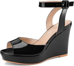 Women's Platform Wedge Sandals Round Peep Open Toe Ankle Strap Buckle Slingback High Heel Dress Shoes Patent Leather Heels