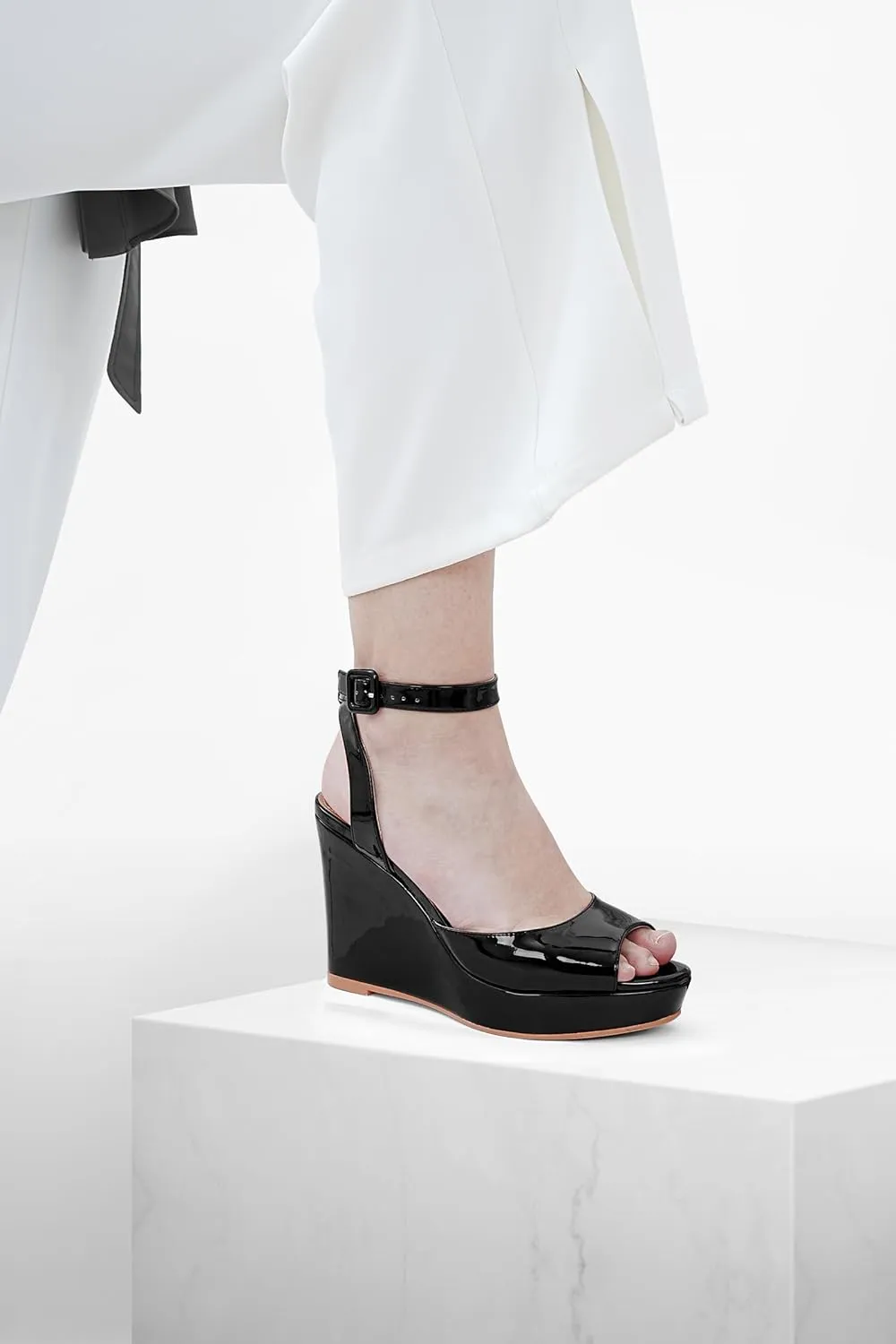 Women's Platform Wedge Sandals Round Peep Open Toe Ankle Strap Buckle Slingback High Heel Dress Shoes Patent Leather Heels