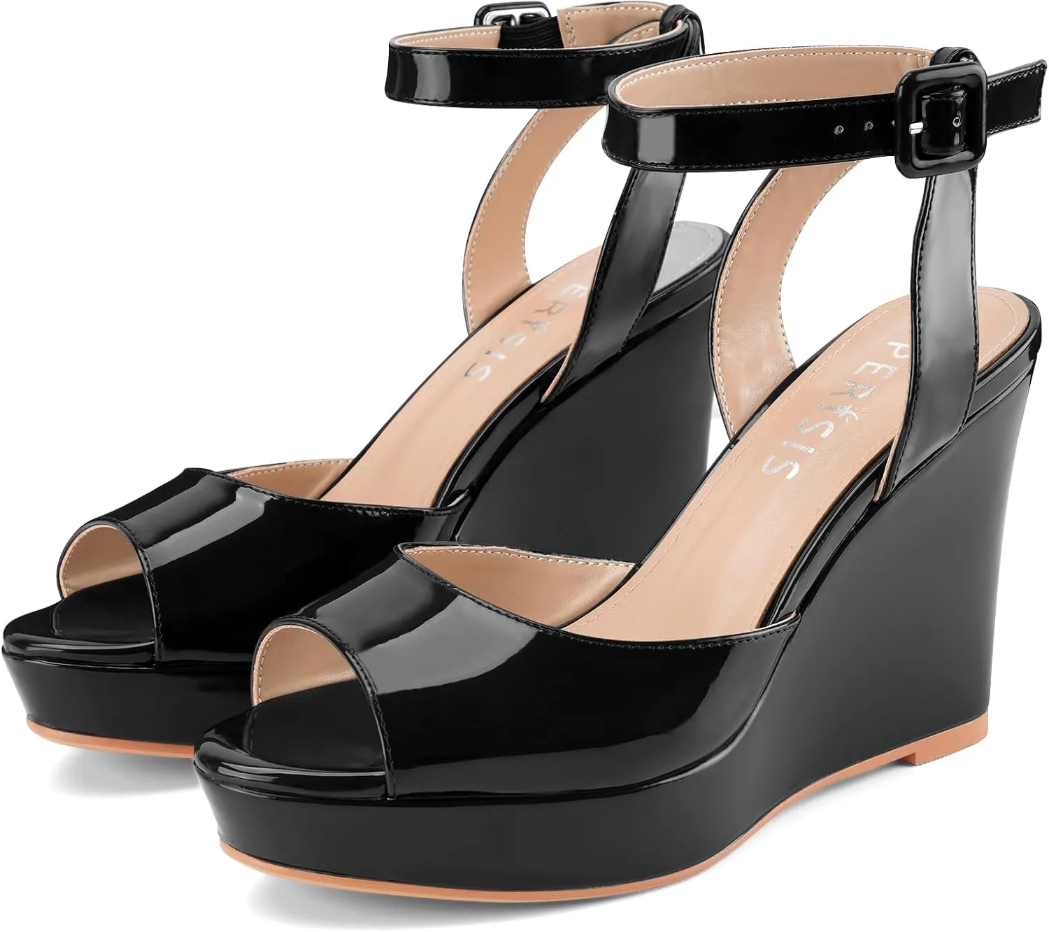 Women's Platform Wedge Sandals Round Peep Open Toe Ankle Strap Buckle Slingback High Heel Dress Shoes Patent Leather Heels