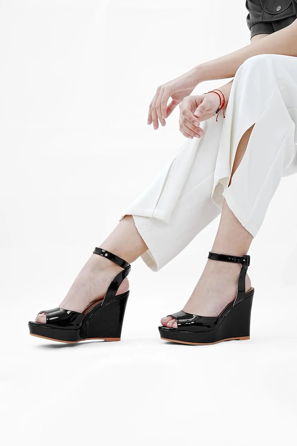 Women's Platform Wedge Sandals Round Peep Open Toe Ankle Strap Buckle Slingback High Heel Dress Shoes Patent Leather Heels
